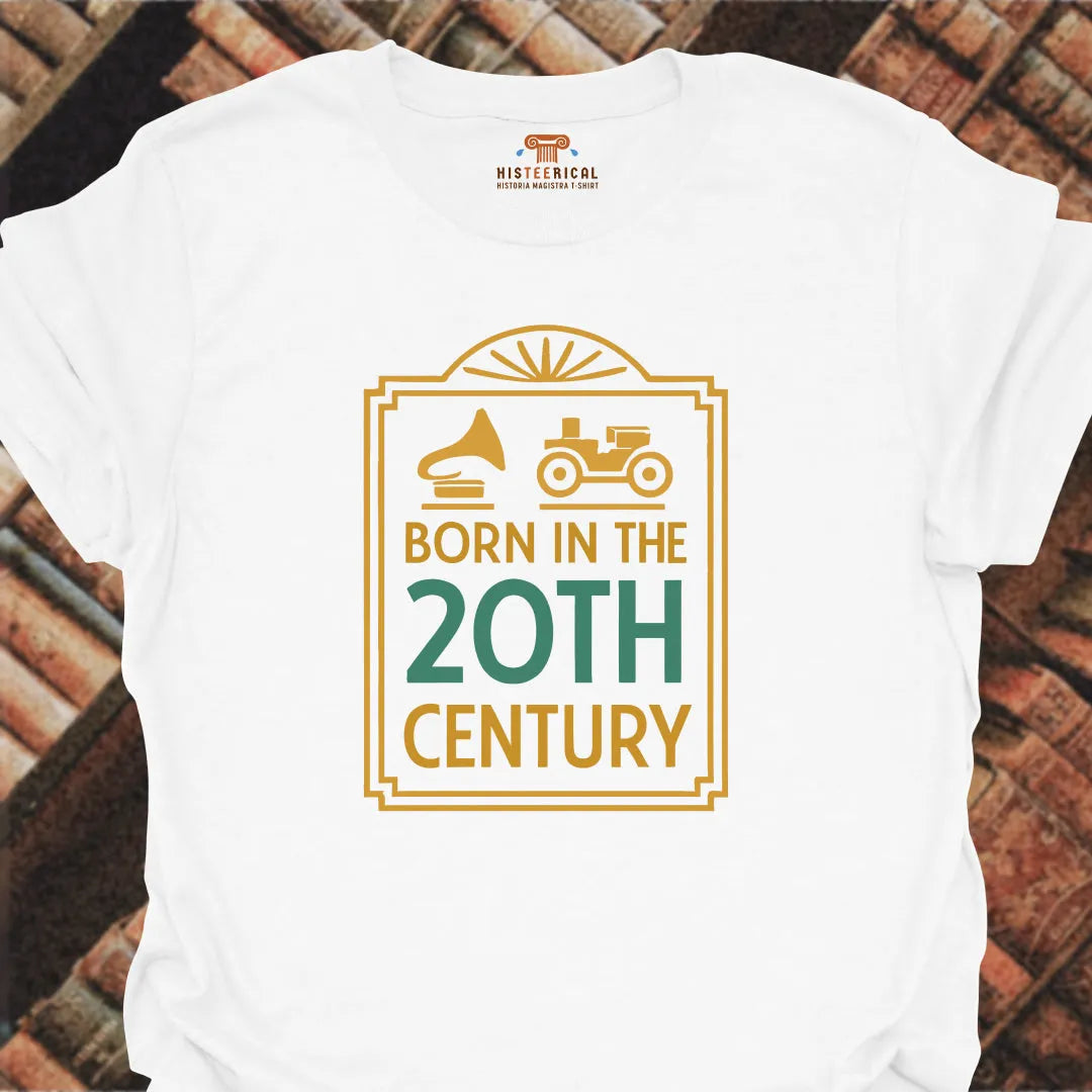 White t-shirt with 'Born in the 20th Century' design on a brick background