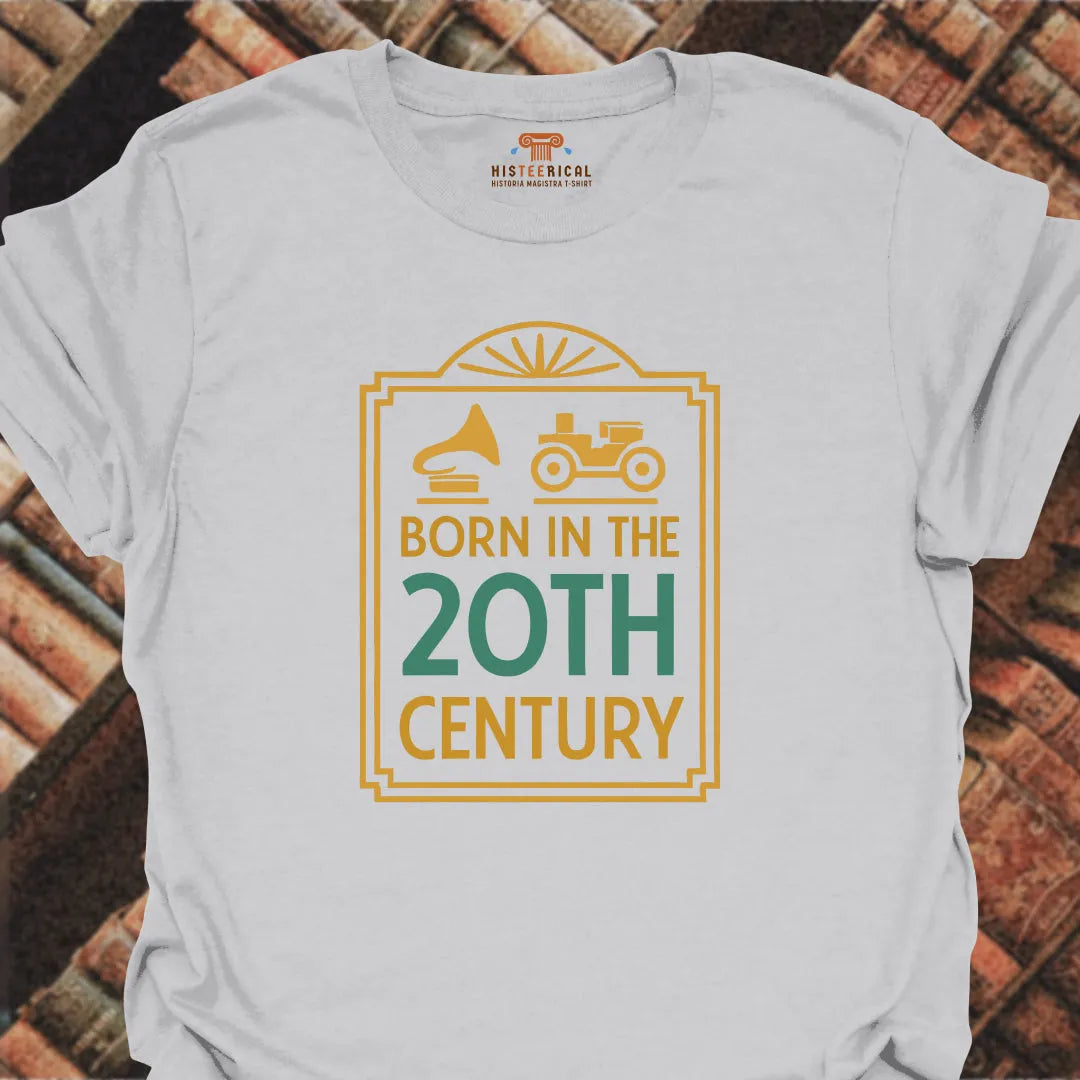 Gray t-shirt with 'Born in the 20th Century' graphic design on a brick background