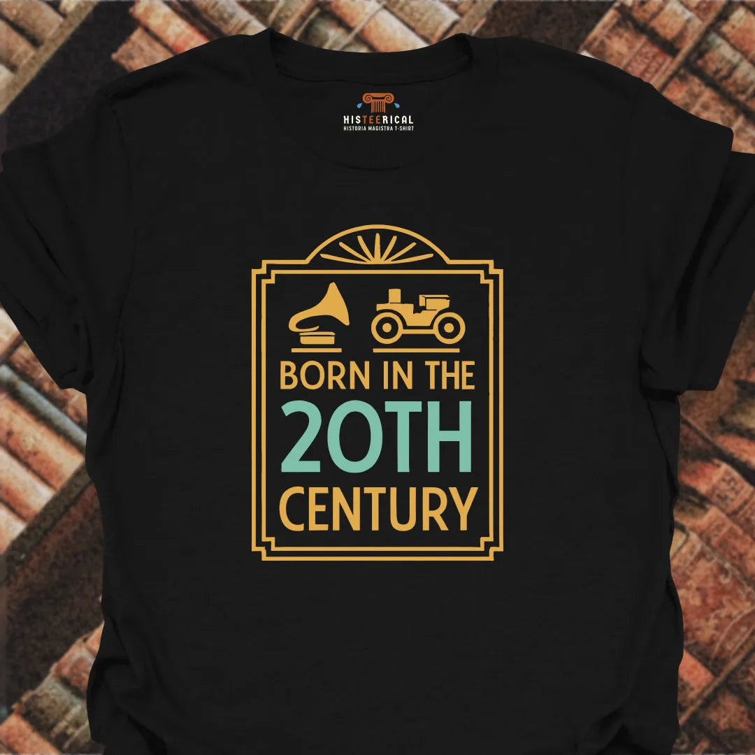 Black t-shirt with 'Born in the 20th Century' design on a textured background